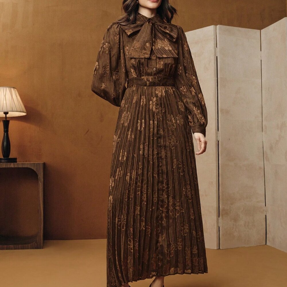 Brown Elegant Formal Women's Banquet Collared Long Sleeve Dress